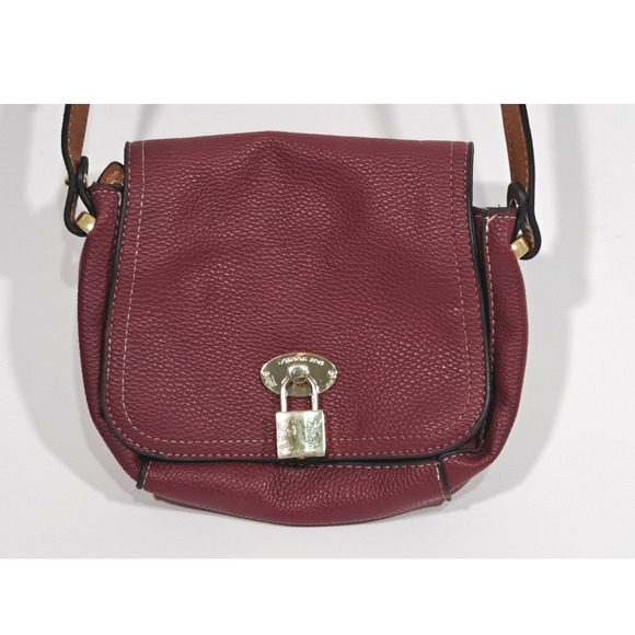 London Fog Handbags - London Fog Burgundy Pebbled Faux Leather Crossbody Saddle Bag with Gold Padlock